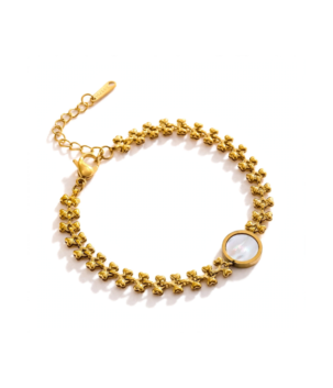 Gold plated floral bracelet with round white stone