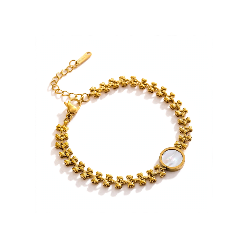 Gold plated floral bracelet with round white stone