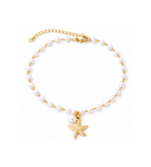 White pearl-style bracelet with gold-tone chain links and starfish charm