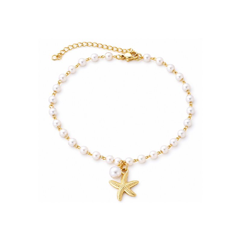 White pearl-style bracelet with gold-tone chain links and starfish charm