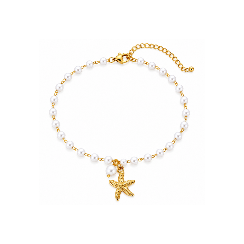 Elegant White Pearl Bracelet with Golden Starfish Charm for Women - Image 2