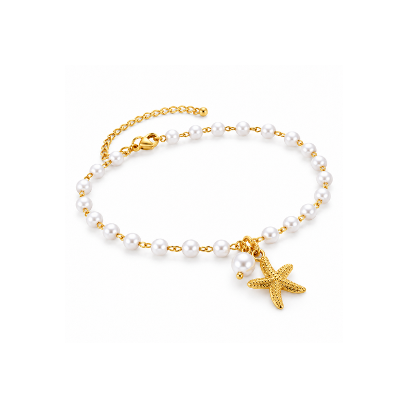 Elegant White Pearl Bracelet with Golden Starfish Charm for Women - Image 3
