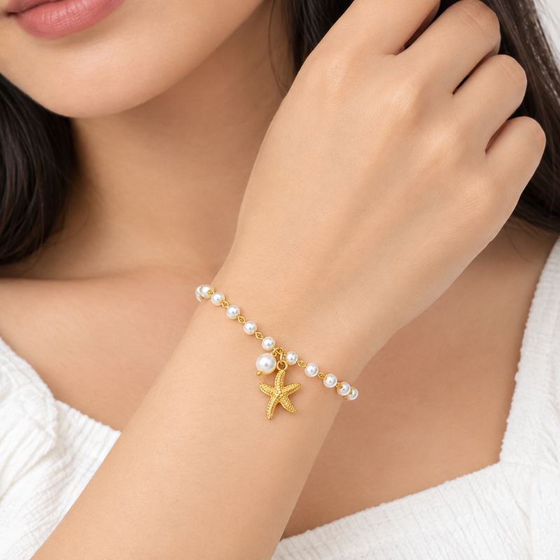 Elegant White Pearl Bracelet with Golden Starfish Charm for Women - Image 4