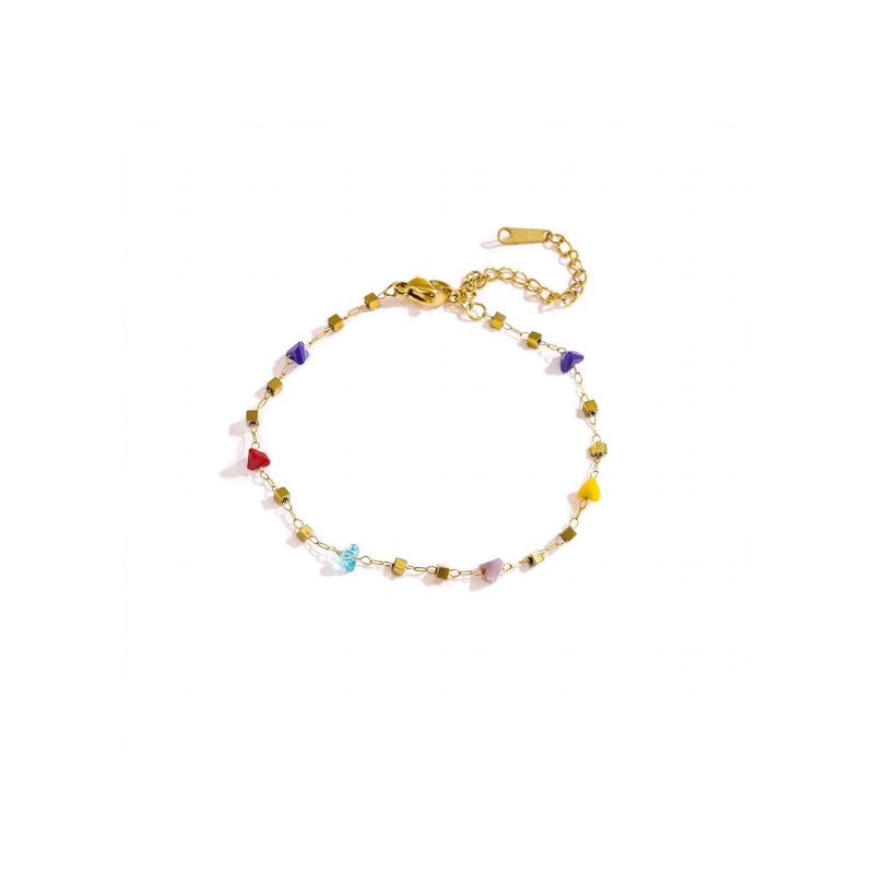 A dainty gold-tone chain bracelet featuring small multi-colored beads