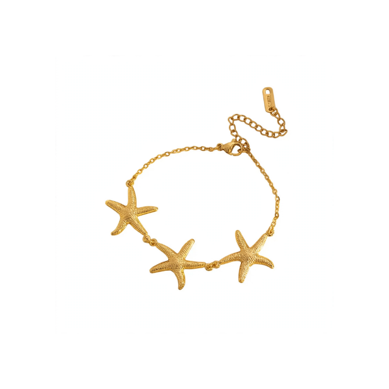 Gold-tone stainless steel delicate chain bracelet featuring three textured starfish charms, displayed on a white background.