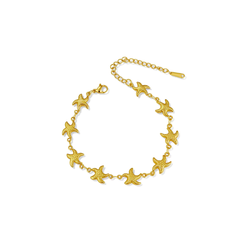 Gold-tone link bracelet made of multiple textured starfish charms connected together, featuring a lobster clasp and extender chain on a white background.