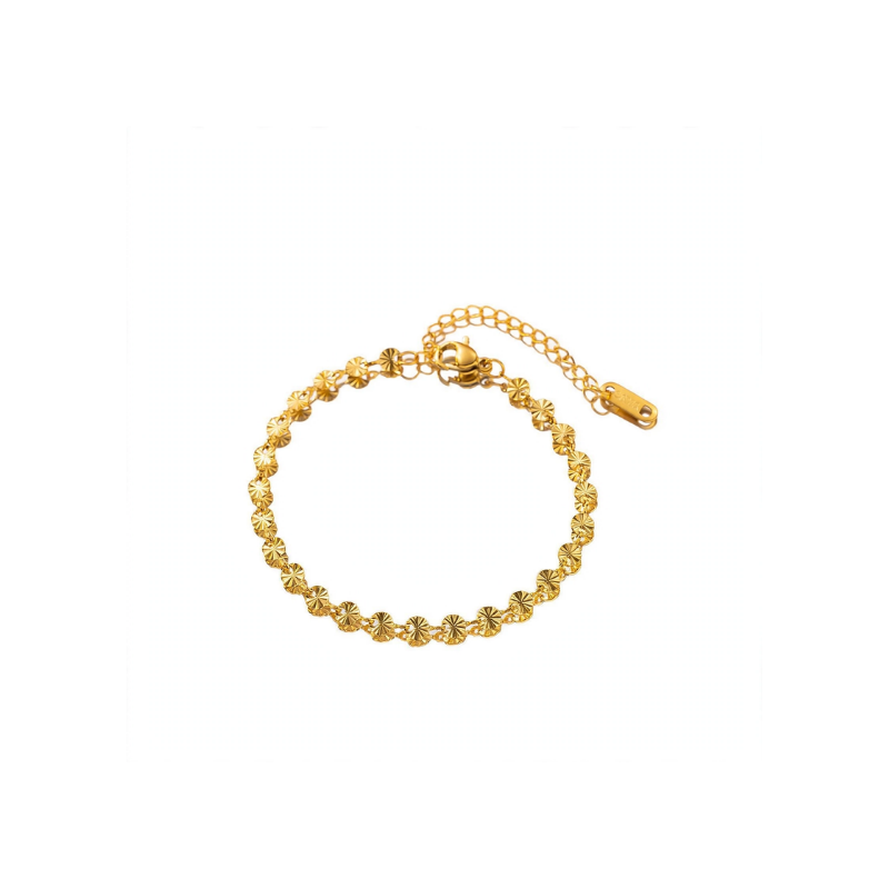 Dainty gold-tone bracelet made of small, textured sunburst disc links, featuring a lobster clasp and adjustable extender chain on a white background.