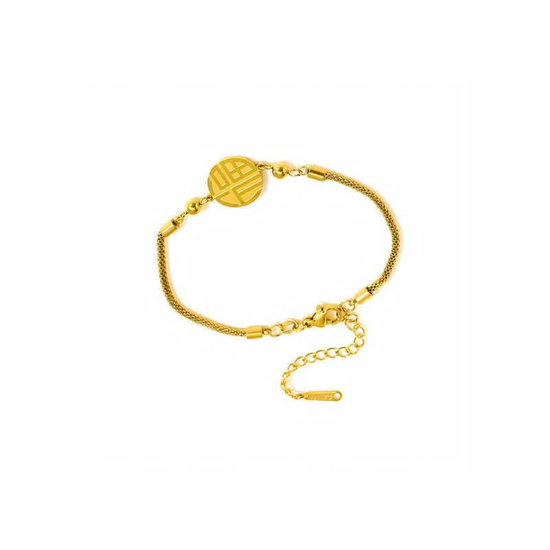 Gold-tone woven mesh chain bracelet featuring a circular Chinese fortune symbol cutout charm and bead accents, displayed on a white background.