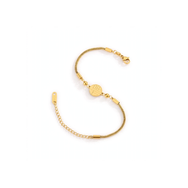 Gold-Tone Chinese 'Fu' (Fortune) Charm Mesh Bracelet - Image 3