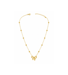 Gold bow pendant necklace for women with dainty beaded satellite chain daily wear jewellery
