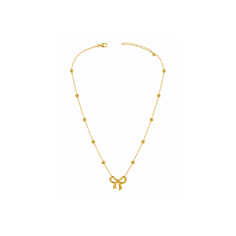 Gold bow pendant necklace for women with dainty beaded satellite chain daily wear jewellery