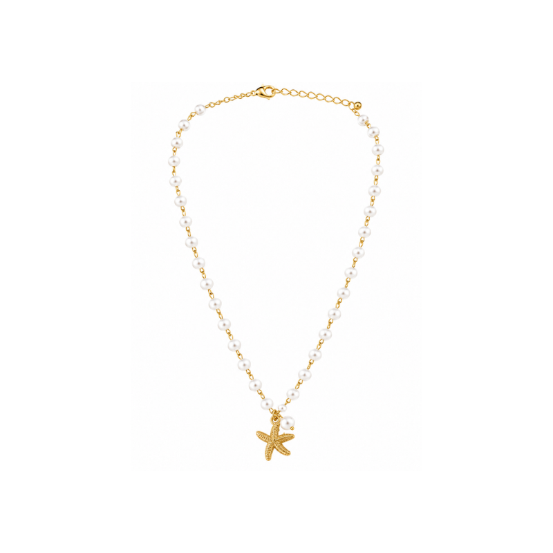 Gold starfish pendant necklace with white pearl chain for women and girls beach jewellery