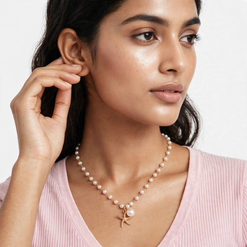 Gold Starfish Pendant Necklace with Pearl Chain for Women - Image 4