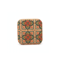 Open vintage cork jewelry box interior with velvet lining showing ring rolls and necklace hooks