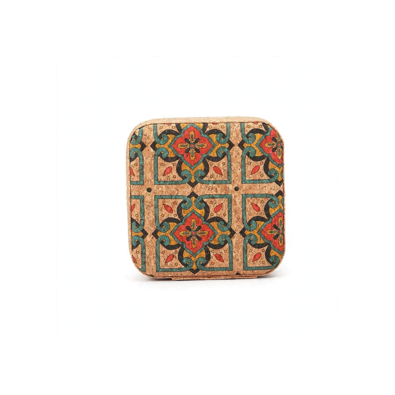 Open vintage cork jewelry box interior with velvet lining showing ring rolls and necklace hooks