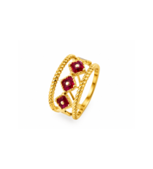 Golden ring with three red square stones for women